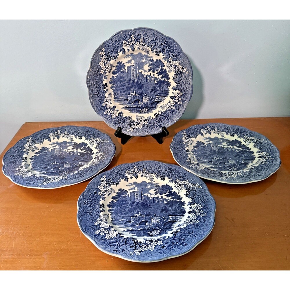 Vintage Meakin Ironstone Transferware (4) Dinner Plates Haddon Hall Blue 10" EUC